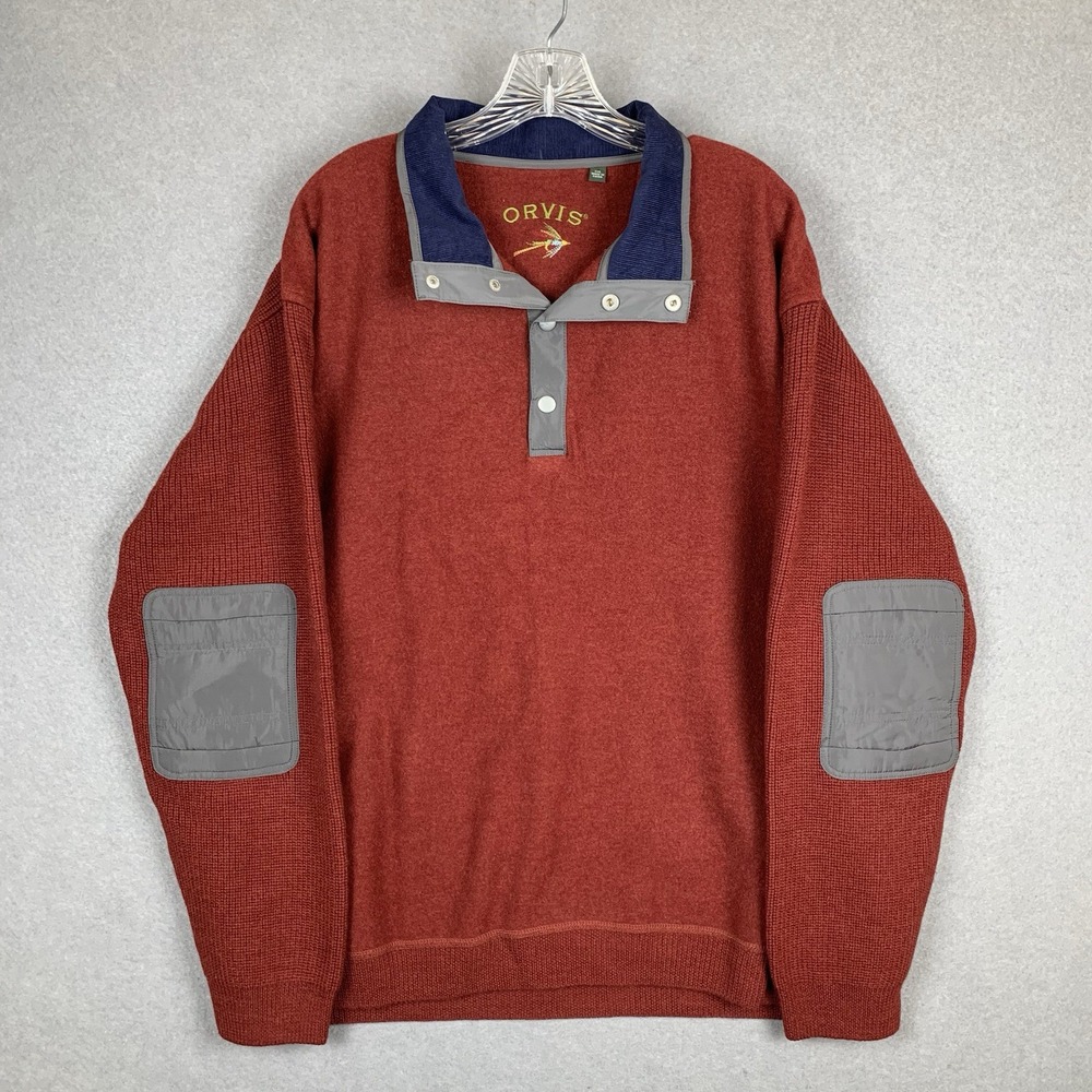 Orvis T Snap Sweater Wool‎ Red Burgundy Elbow Patches Fishing Hunting Mens 2XL